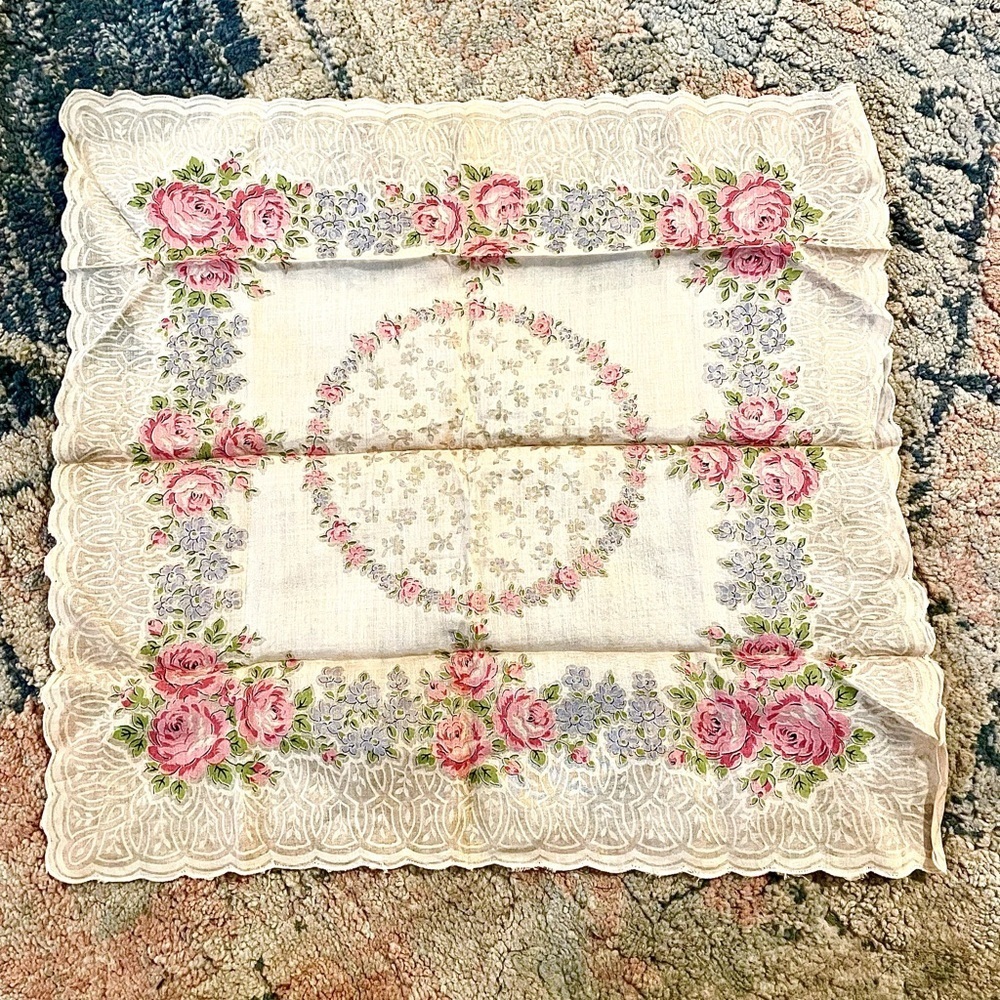 Vintage Franshaw Pink Rose Floral Handkerchief Cotton Batiste Collectible Hanky